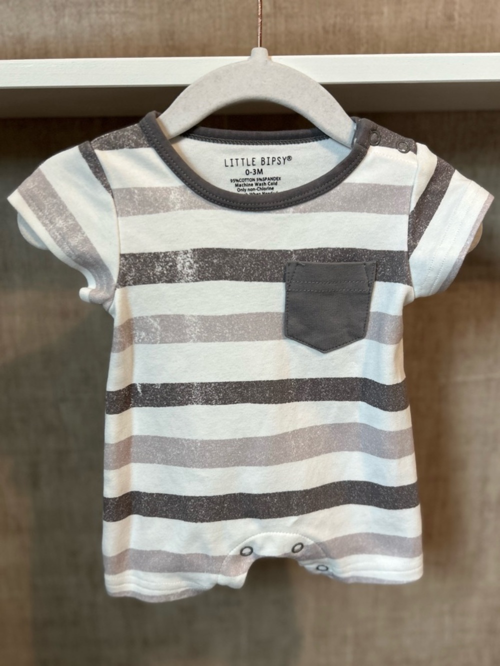 Little Bipsy White and Gray Striped Short-Sleeve Baby Tee with Pocket